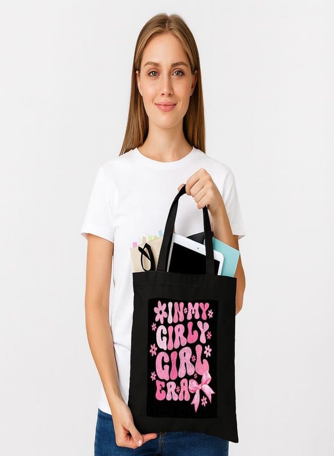 PrintingZone حقيبة تسوق سوداء من PrintingZone مزودة بجيب، حقائب قماشية مطبوعة بتصميمات مميزة للنساء، سعة كبيرة | حقيبة تسوق | للجامعة | للسفر | المزيد من حقائب اليد القماشية للجنسين (BTB05) - Image 4